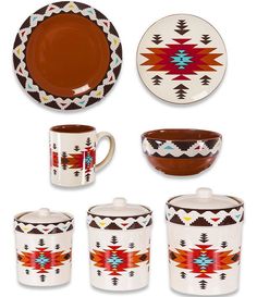 an assortment of native american dinnerware including cups, saucers, and spoons