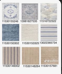 various rugs are shown in different colors and sizes, including blue, gray, white,