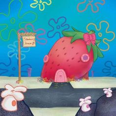 a painting of a strawberry and some black rocks with a sign in the background that says, i love you