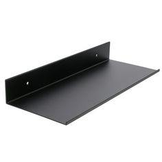 a black shelf with two holes on the top and one hole in the bottom for mounting