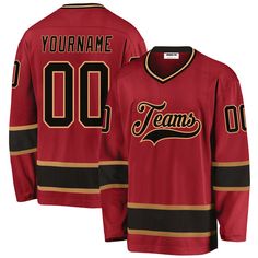 a red hockey jersey with the name and number on it, that says team's 00