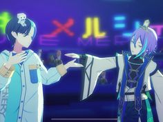 two anime characters standing next to each other in front of a neon sign that says jel and me