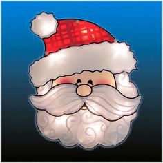 a glass santa clause with red and white lights on it's face, in front of a blue background