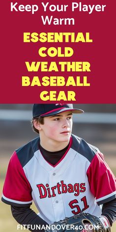 a baseball player with the words keep your player warm and essential cold weather gear on