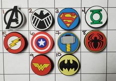 the avengers and superman symbol stickers are all in different shapes, sizes and colors