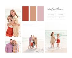 a collage of photos with people on the beach and in color swatches,