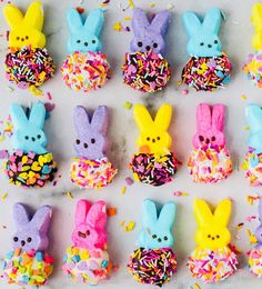 there are many peeps and sprinkles in the shape of bunnies