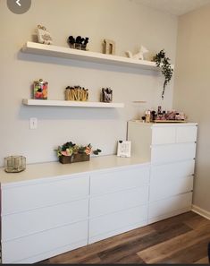 a room with shelves, plants and other items on the shelf above it is a white dresser