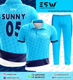 a blue shirt and pants with the number 05 on it