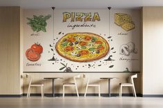 a pizza advertisement is on the wall in an empty room with chairs and tables next to it