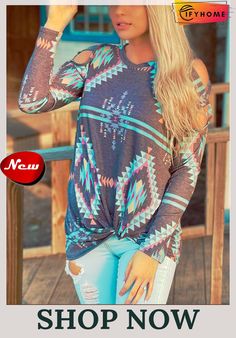 Aztec Long Sleeve Casual Cotton-blend T-shirt Country Style Outfits, Geometric Sleeve, Long Sleeve Tops Casual, Casual Tops For Women, And Dresses, Grey Women, Western Shirts, Plus Size Casual, Long Sleeve Casual