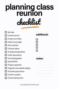 the printable class reunion checklist is shown in black and white with orange writing