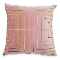 a pink and gold pillow with golden lines on the front, along with a white background