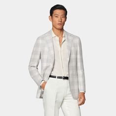 Cut to a tailored fit, this grey checked blazer features a widened notch lapel and unpadded shoulder for a more natural silhouette. White Mens Blazer, White Blazer Men, Blazer Ootd, Check Blazer, Tuxedo Pants, Unique Fits, Slim Fit Blazers, Checked Blazer, Fitted Blazer