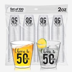 six shot glasses with cheers to 50 on them