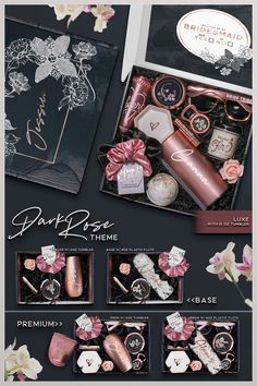 the contents of a pink and black box are shown in this graphic style, with flowers on