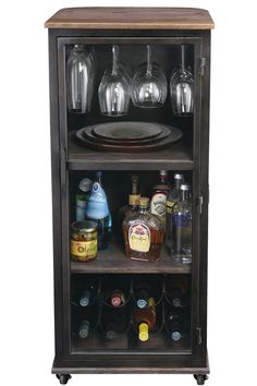 a cabinet with bottles and glasses on it