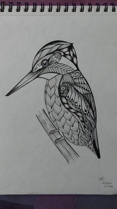 a drawing of a bird sitting on top of a tree branch