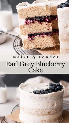 two pictures of a cake with blueberries on top and the bottom one is half eaten