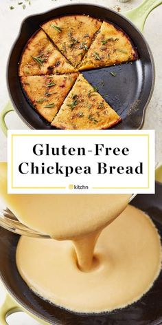 gluten - free chickpea bread in a cast iron skillet with a serving spoon