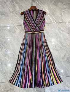 Orcajump - Introducing the South Oil Knitted Multicolored Stripe Pleated Long Dress with Sleeveless Waist Cinching - a stylish addition to your wardrobe. Pleated Long Dress, Cinched Waist, Types Of Skirts, Types Of Collars, Pleated Skirt, The South, Long Dress, High Waist, Types Of Sleeves