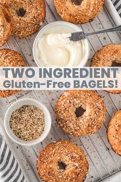 two ingredient gluten - free bagels on a cooling rack with dipping sauce