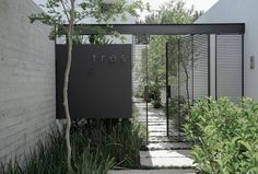 an entrance to a house with trees and plants