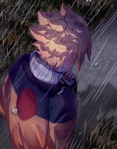 an anime character is standing in the rain