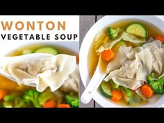 two pictures of soup with dumplings, vegetables and broccoli on the side