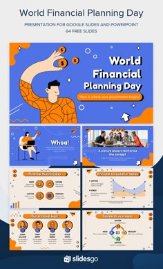 the world financial planning day presentation is displayed on a blue background with orange and white colors