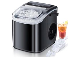 an image of a small ice maker with drinks on it's side and a glass next to it