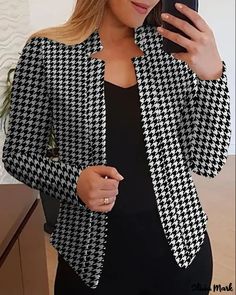 Color: black, Size: M Slim Fit Coat, Blazer Casual, Houndstooth Coat, Plus Size Suits, Ladies Blazer, Houndstooth Jacket, Long Sleeve Outerwear, Spring Fabric, Casual Vest