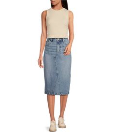 High Rise Denim Skirt For Work, High Rise Fitted Denim Skirt, Stretch Denim Knee-length Skirt, Mid-rise Fitted Lined Skirt, High Rise Fitted Skirt With Button Closure, Fitted High Rise Skirt With Button Closure, Fitted High Rise Lined Skirt, Fitted Midi Denim Skirt With Lining, Denim Midi Skirt