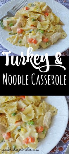 turkey and noodle casserole on a white plate with the title overlay