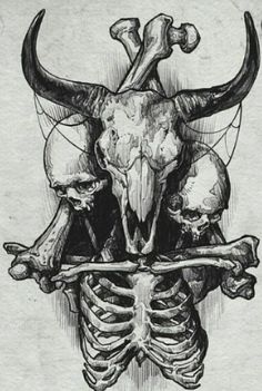 a drawing of a bull skull with bones in it's chest and two skulls on the back