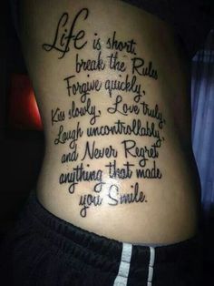 a woman's stomach with the words life is short and break the rules