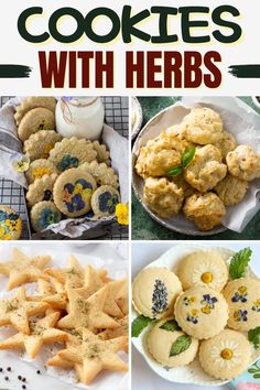 some cookies with herbs on them are in the collage and there is also an image