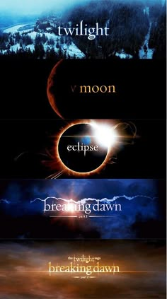 the twilight series is shown in four different colors and font styles, including one with an eclipse