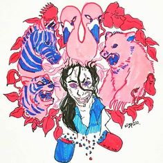 a drawing of a woman surrounded by flamingos and other animal heads in pink, blue, and red colors