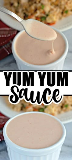 two white bowls filled with sauce and the words yum yum sauce above them