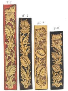 three different types of wood carving designs on white background, one with flowers and the other with leaves