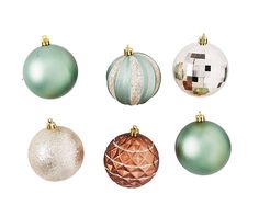 six ornaments are arranged in different colors and sizes on a white background, including one green ornament