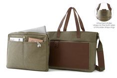 "Browse Oliday.net to shop classic yet stylish LOFT Laptop Tote Bags at best price. This dual-use multi-pocketed baby bag can be carry 13 inch laptop easily. It features TWO ways of carrying: * Dual-use multi-pocketed baby bag * Full daily tote (fitting 13in laptop) MATERIALS: * 14 oz cotton canvas * 100% full grain leather * Water-resistant canvas (Coated with Polyurethane on inner side for water resistance) * Solid brass hardware * Nylon lining DETAILS: * Secure antique brass magnetic-clasp cl Laptop Tote Bag, Stroller Straps, Casual Crossbody Bag, Buying Gold, Diaper Bag Tote, Laptop Tote, Bag School, Bag Green, Gallery Photo