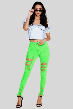 Description: Room with a view Neon Green Distressed JeansMaterial: Fabric, Tencel 35.7% Cotton 10.5% T400 1.8% SpandexMade in Made in USAAlso available in yellow, orange, pink, denim, white and black Summer Cotton Jeans With Holes, Fitted Distressed Jeans For Summer, High Waist Jeans With Holes For Spring, Green Summer Jeans, Summer Green Jeans, Green Stretch High Rise Jeans, Green Stretch High-rise Jeans, Trendy Yellow Summer Jeans, Yellow Jeans For Spring