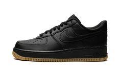 The Nike Air Force 1 Low “Black/Gum” is a versatile colorway of the retro basketball shoe that can be worn with a variety of outfits.  The “Black/Gum” features a monochromatic black leather upper that includes a black leather base with tonal leather overlays and Swoosh branding on either side of the shoe.  The “Nike Air” branding on the heel is also designed in black embroidery.  Tonal “Nike Air Force 1” detailing appears on the black nylon tongue tag.  A black midsole and gum-colored outsole co