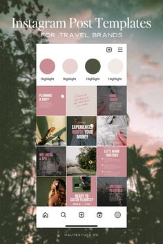 the instagram post templates for travel brands are shown in pink and grey tones