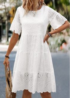 Color:White;Size:S;Size:M;Size:L;Size:XL;Size:2XL;Package Contents:1 X Dress;Occasion:Other;Style:Bohemian; White Casual Eyelet Dress, White Eyelet Fitted Mini Dress, Chic White Eyelet Mini Dress, White Eyelet Mini Dress For Summer, White Eyelet Mini Dress For Day Out, White Hollow Out Mini Dress, White Hollow Out Knee-length Dress, White Eyelet Dress For Day Out, White Short Sleeve Mini Dress With Eyelet Details