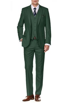 Bring understated elegance to the table in this three-piece suit crafted from rich fabric in a classic single-breasted silhouette. Jacket has notched lapels; chest welt pocket; front flap pockets Vest has front button closure; V-neck Pants have zip fly with button closure; front slant pockets; back button-welt pockets Jacket and vest are lined; trousers are lined to the knee 65% polyester, 35% viscose Dry clean Imported Each suit has a 6” drop, meaning that a size 38R jacket is paired with size Pocket Vest, Rich Fabric, Three Piece Suit, Pocket Jacket, 3 Piece Suits, Understated Elegance, Hunter Green, Three Piece, The Table