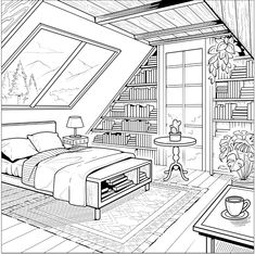 a bedroom with a bed, desk and bookshelf in black and white ink