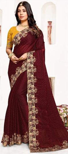 Red and Maroon color Saree in Satin Silk fabric with Embroidered, Resham, Sequence work Red Art Silk Blouse Piece For Wedding, Red Embroidered Saree Fabric With Self Design, Burgundy Saree With Zari Work For Wedding, Red Traditional Wear With Pallu For Marriage, Burgundy Wedding Saree With Zari Work, Red Self-design Embroidered Saree Fabric, Festive Wedding Saree, Festive Marriage Saree, Semi-stitched Resham Embroidery Traditional Wear For Marriage